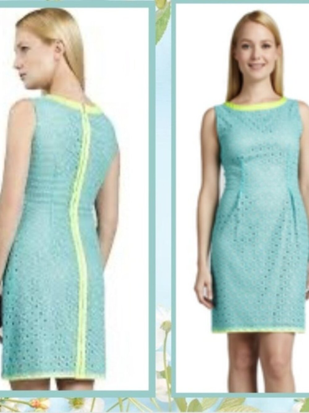 Elie Tahari Teal Eyelet Sheath Dress with Neon Trim – Size 10